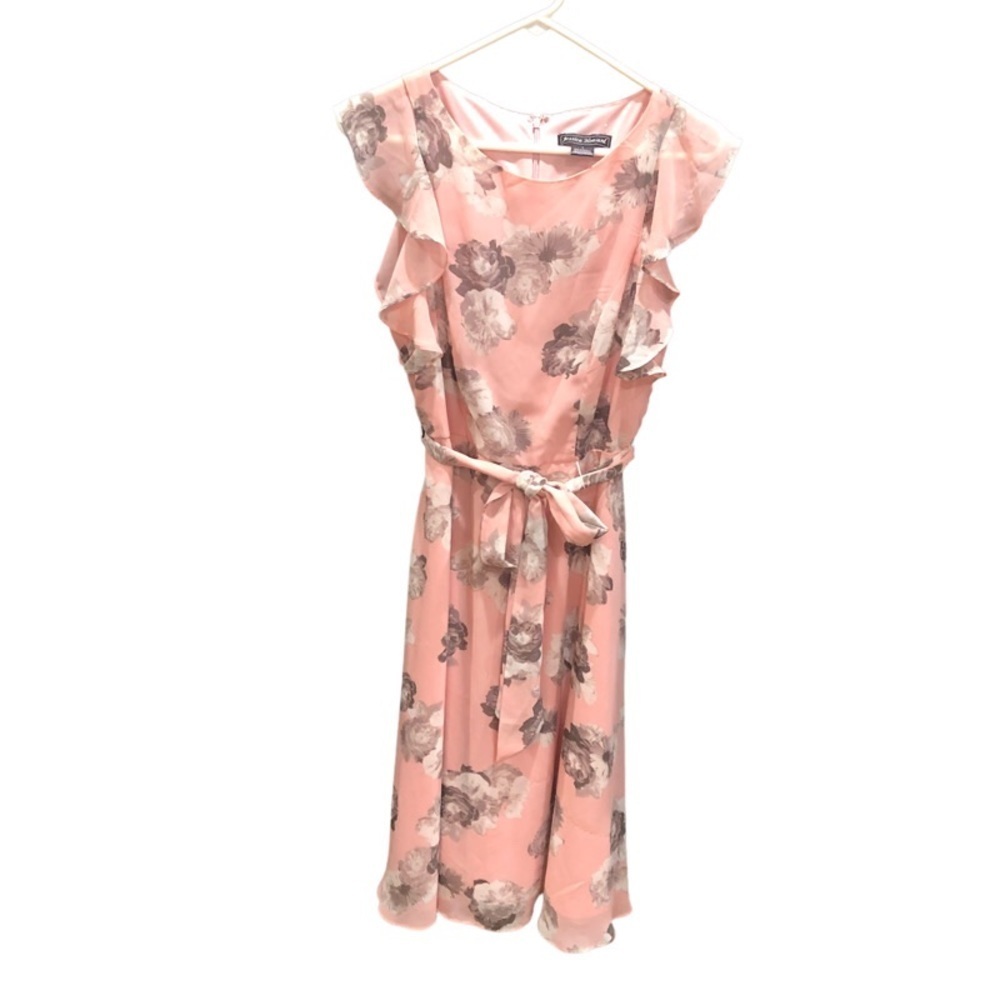 Jessica Howard Pink Floral Ruffle Sleeve Belted MIDI Dress Sz 6